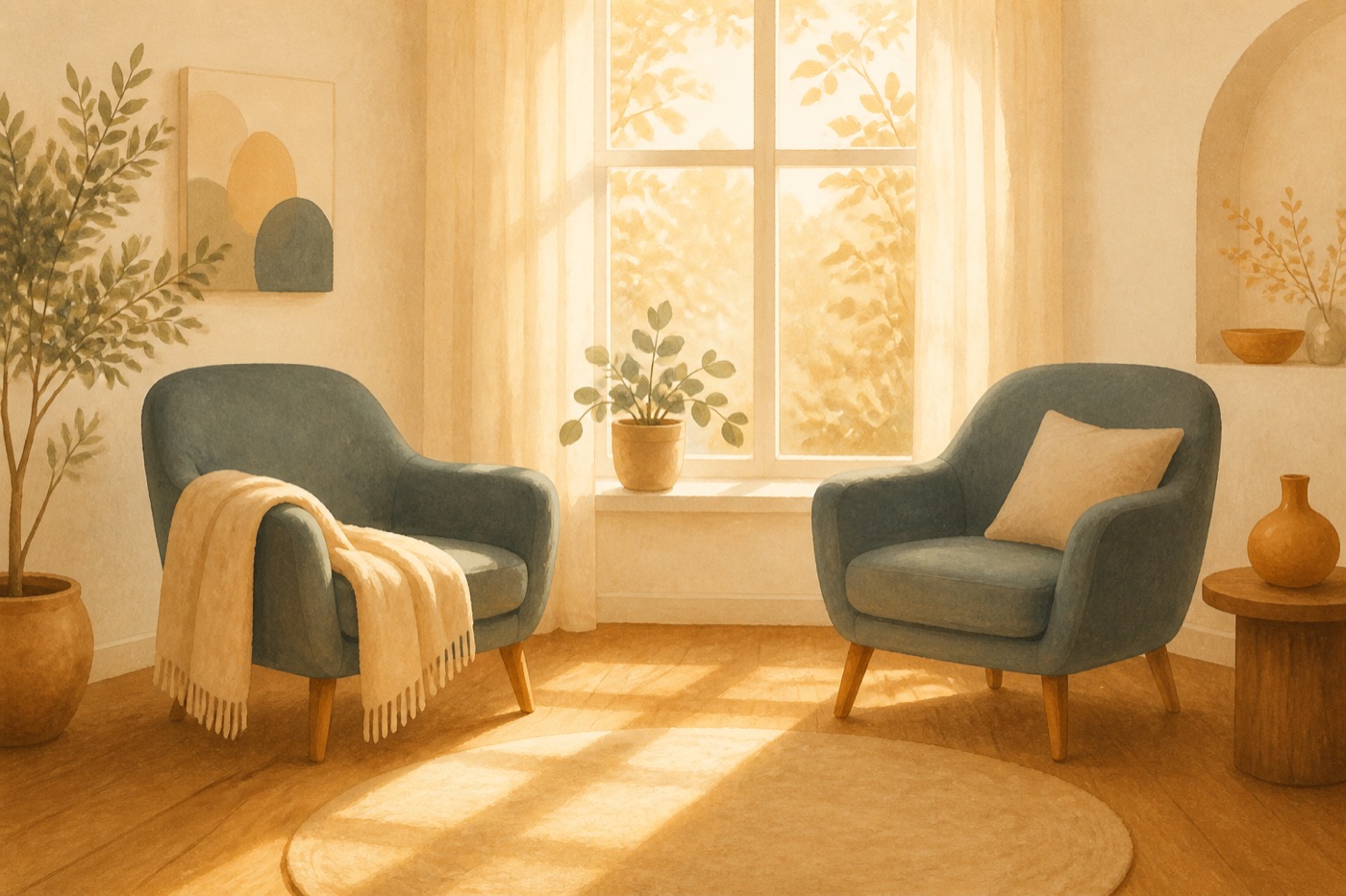 Two soft slate blue armchairs facing each other beside a sunlit window in a warm cream room